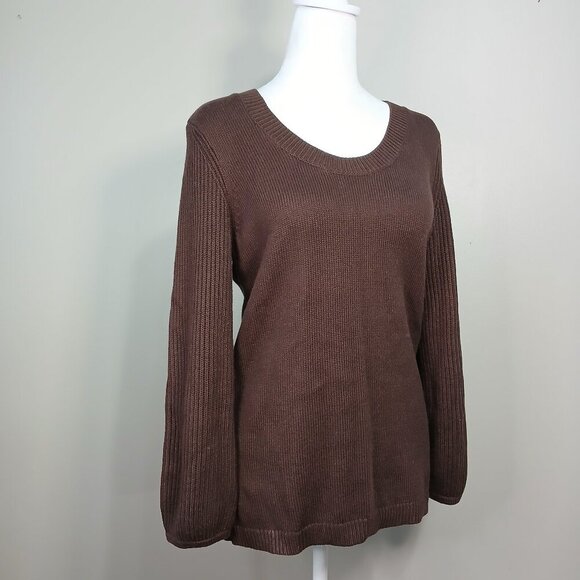 TALBOTS, BROWN CREW NECK SWEATER, RIBBED LONG PEASANT SLEEVES SIZE MEDIUM - Picture 1 of 6